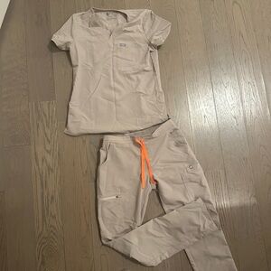 Khaki Figs Scrub Set with Orange Drawstring